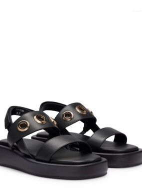 Boss Black Platform Sandals with Gold Grommet Accents